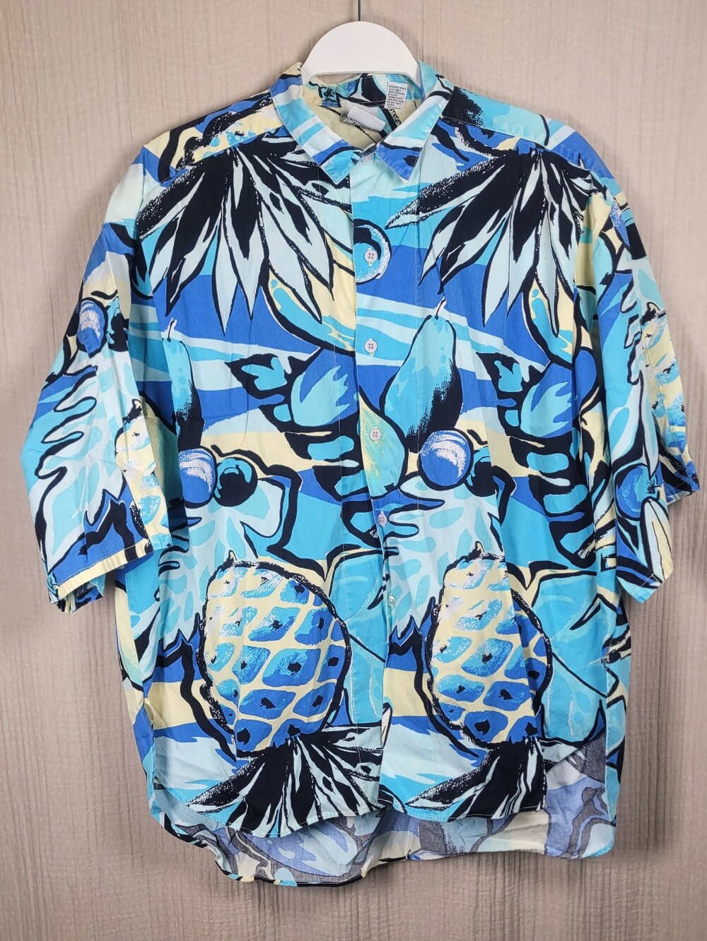 Vintage T&C Surf Designs Hawaiian Tropical Blue and Yellow Button Down Shirt 80s